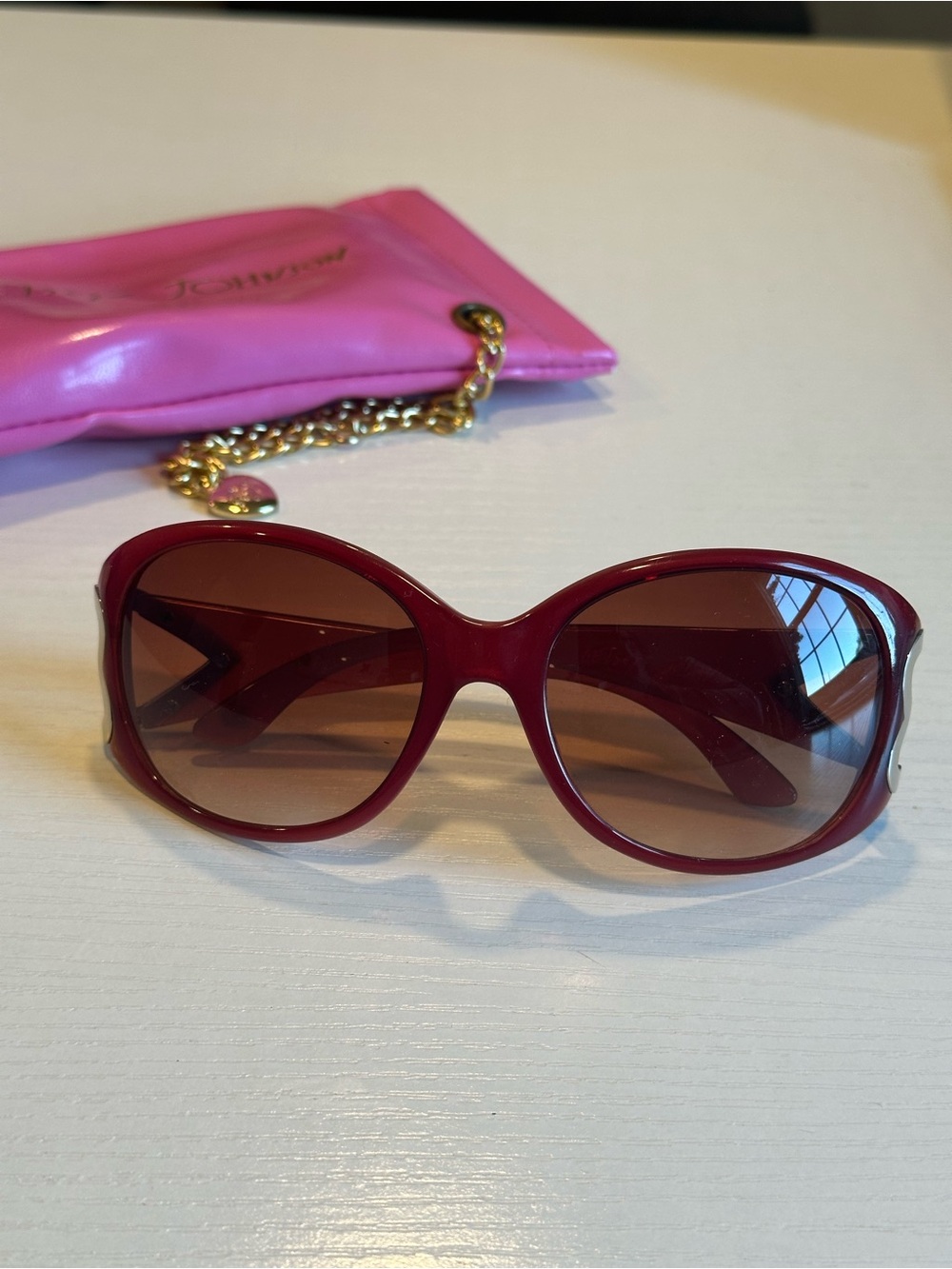 Betsey Johnson oversized Berry Heart Sunglasses, with soft storage case.